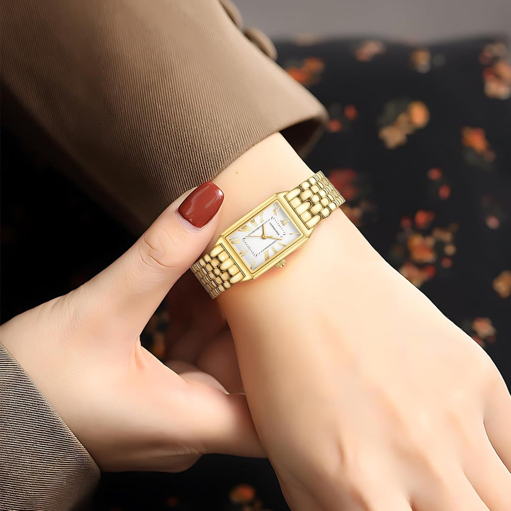 Gold Watches for Women with Vintage Rectangular Case,White Roman Dial,Stainless Steel Band,Adjustment Tool Included,Water Resistant