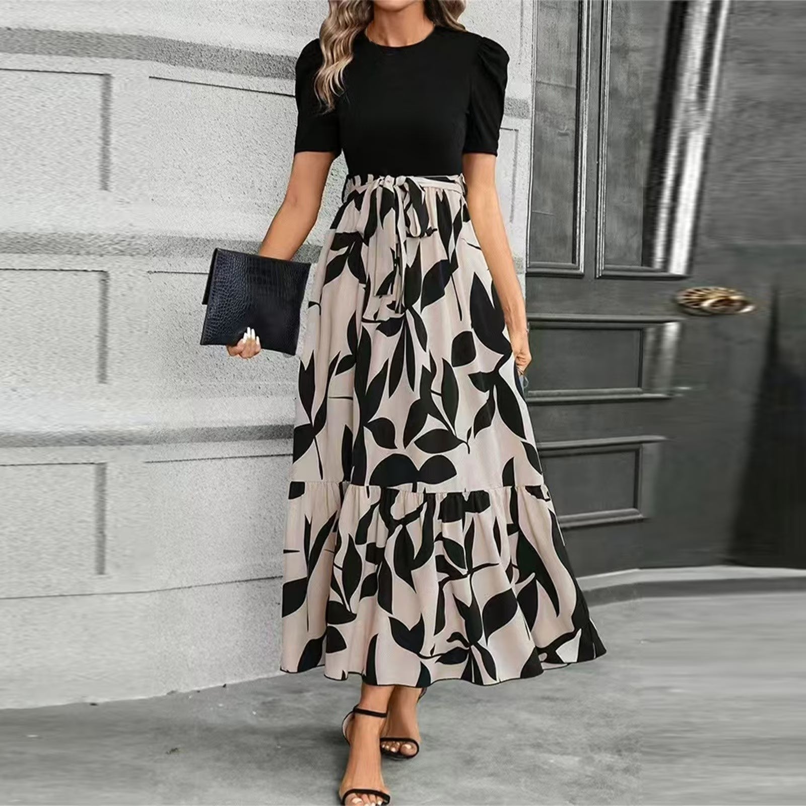 Dresses for Church Women 2025 Elegant Puff Sleeve Spring Dresses with Belt Flowy Long Dresses Casual Fashion Formal Dresses Beige L
