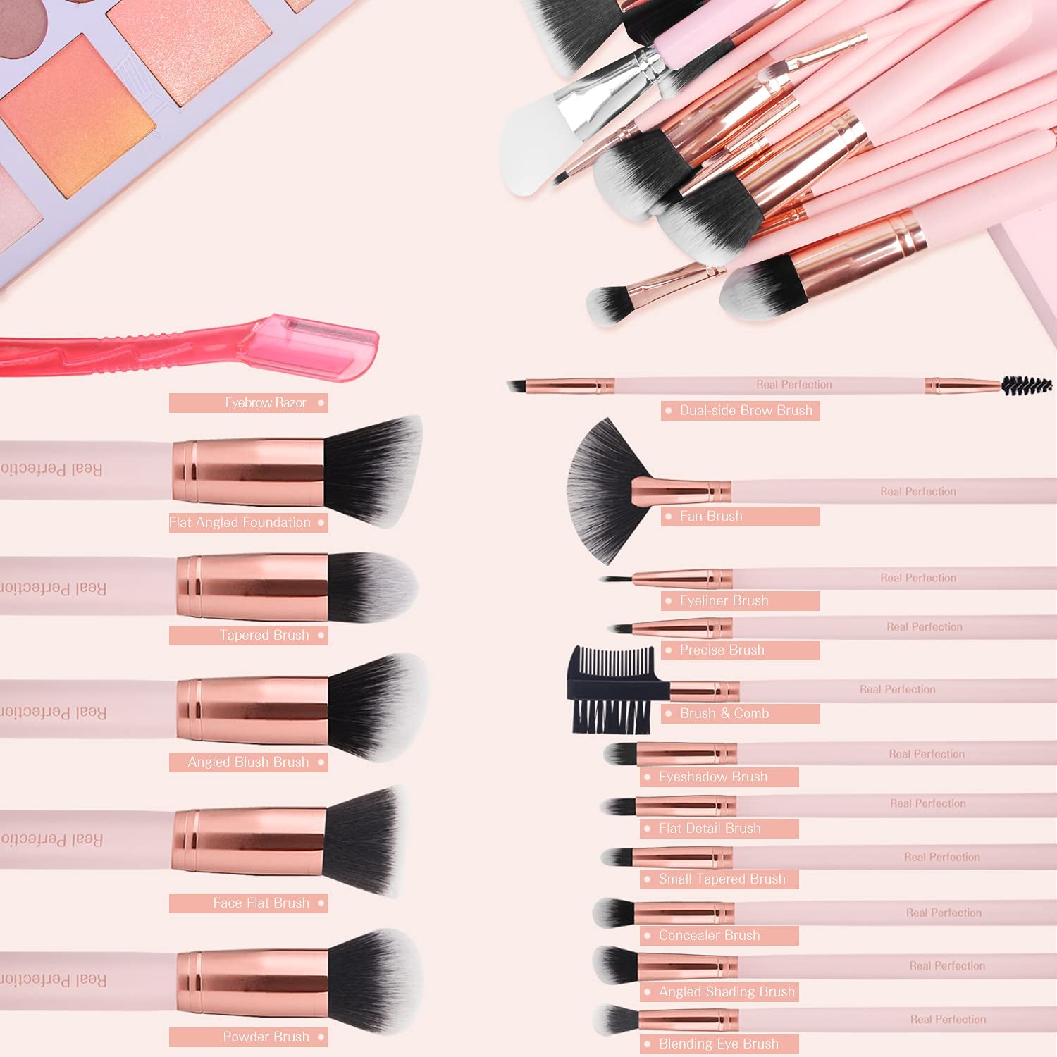 Makeup Brush Set 16 Pcs with 1 Eyebrow Razor Premium Synthetic Foundation Powder Concealers Eyeshadow Blush Makeup Brushes Make up Brushes Kit (Pink)