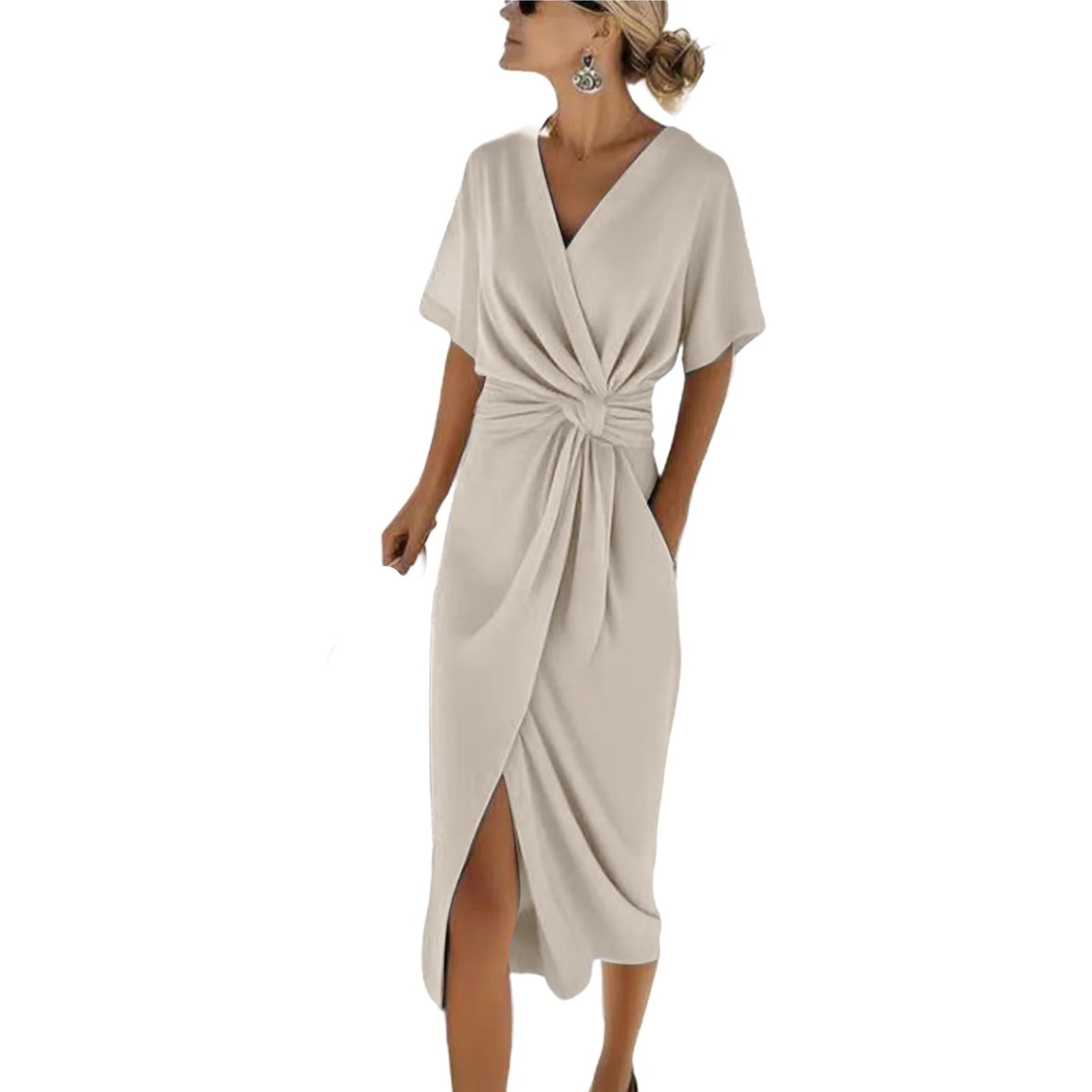 Maxi Wrap Dress for Women Elegant V Neck Short Sleeve Front Knot Ruched Waist Side Split Slit Bodycon Sheath Dresses Business Office Cocktail Sundress