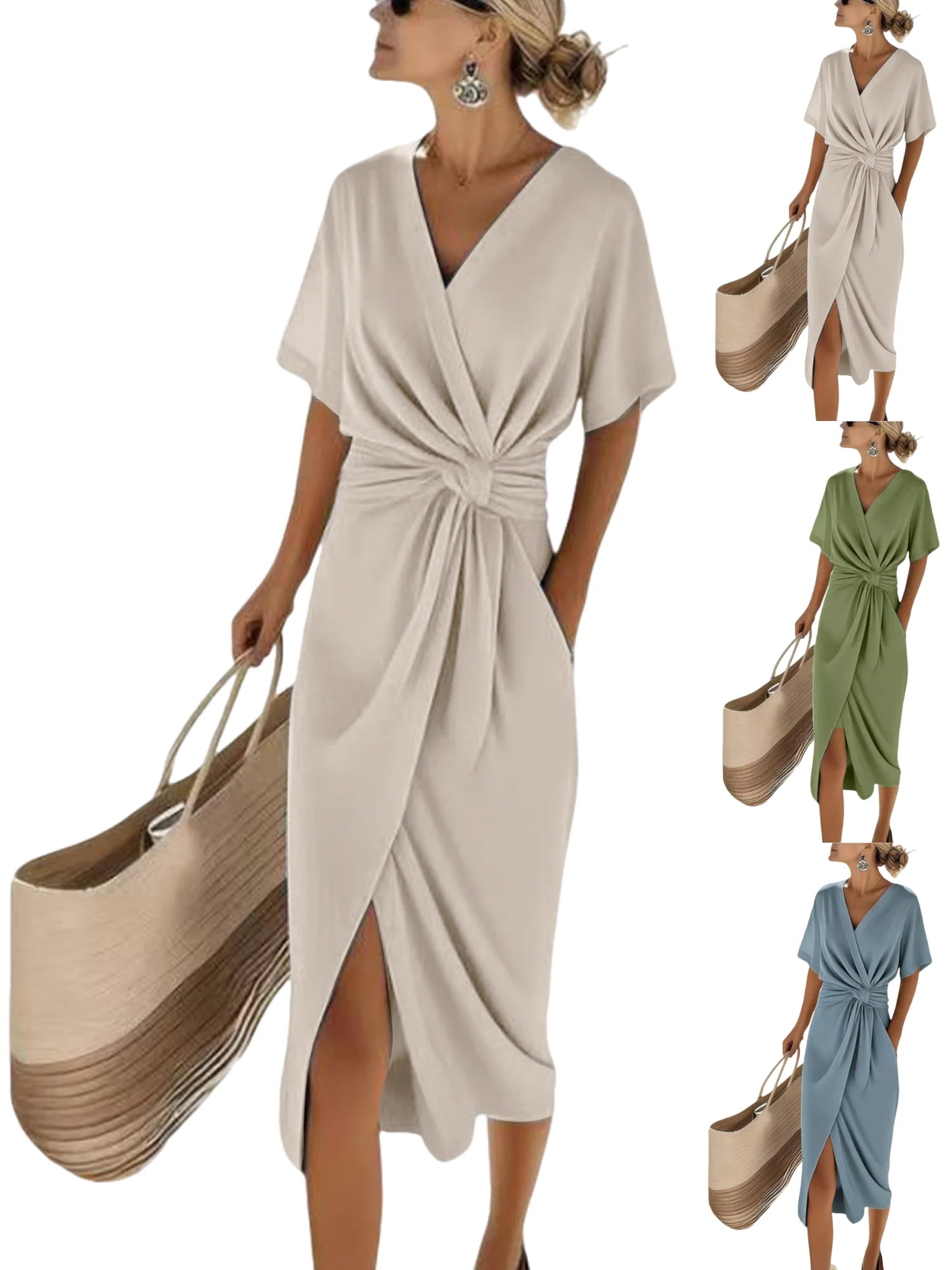 Maxi Wrap Dress for Women Elegant V Neck Short Sleeve Front Knot Ruched Waist Side Split Slit Bodycon Sheath Dresses Business Office Cocktail Sundress