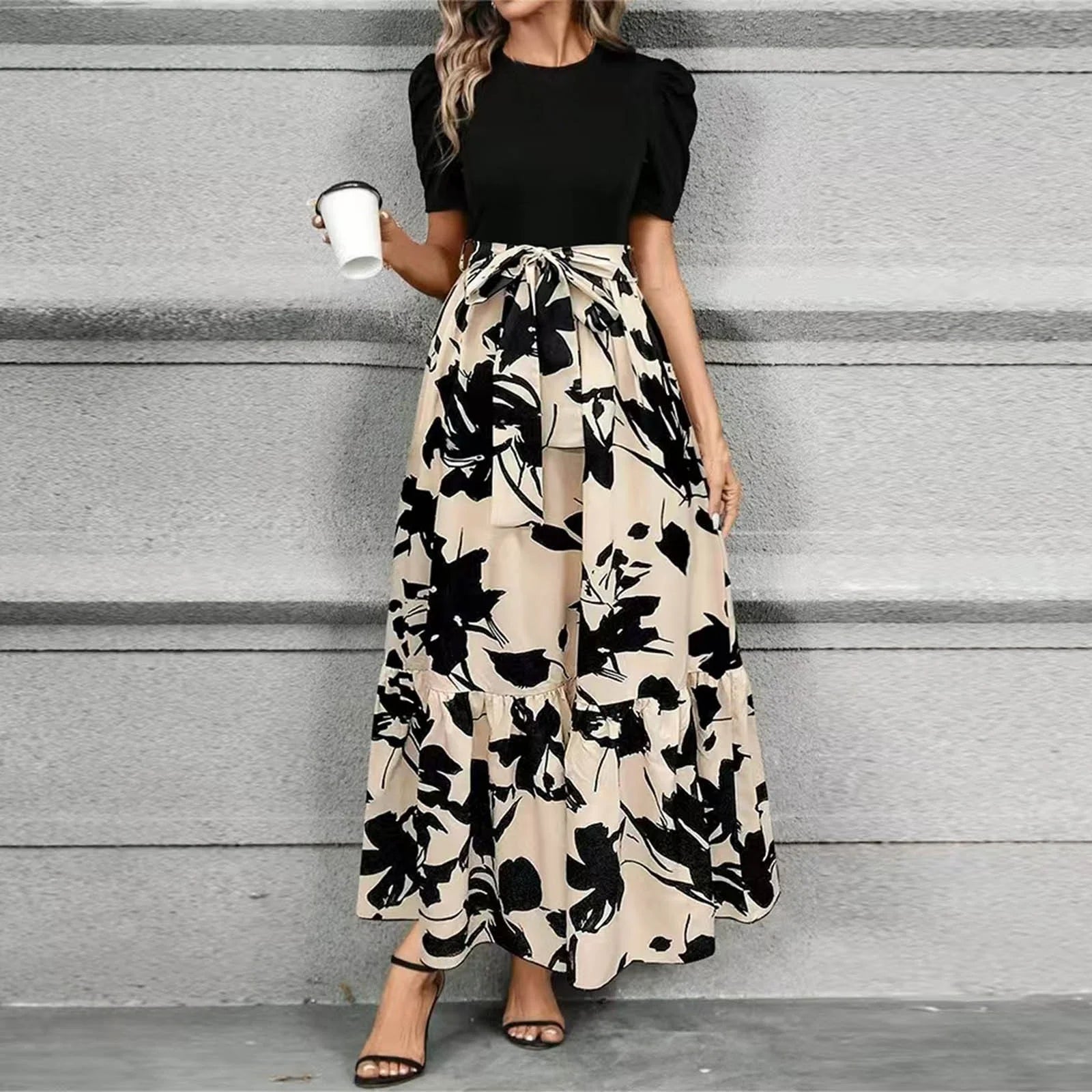 Dresses for Church Women 2025 Elegant Puff Sleeve Spring Dresses with Belt Flowy Long Dresses Casual Fashion Formal Dresses Beige L