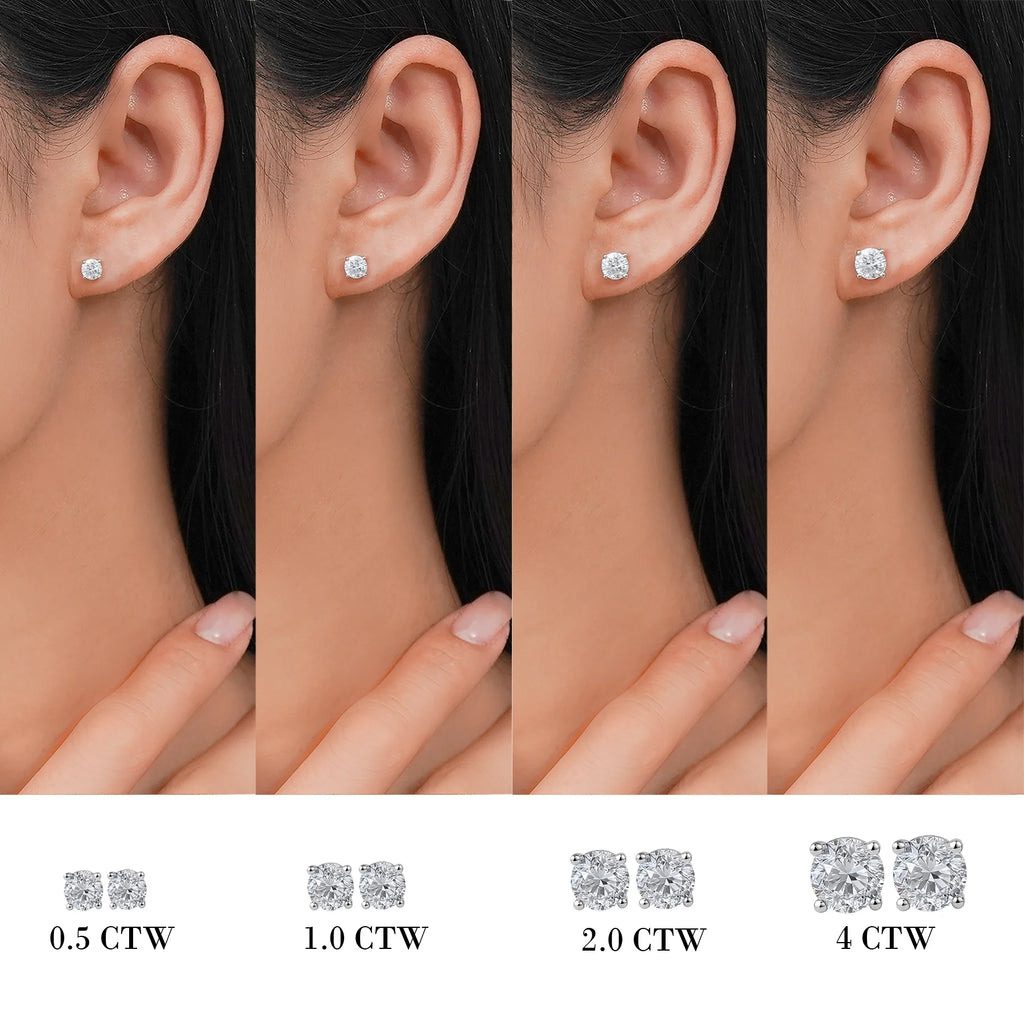 4 Prong 2 Carat round Shaped Moissanite Solitaire Stud Earrings in 18K White Gold Plating for Women