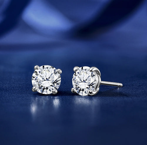 4 Prong 2 Carat round Shaped Moissanite Solitaire Stud Earrings in 18K White Gold Plating for Women