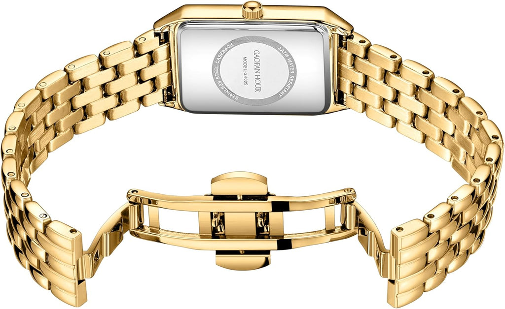 Gold Watches for Women with Vintage Rectangular Case,White Roman Dial,Stainless Steel Band,Adjustment Tool Included,Water Resistant