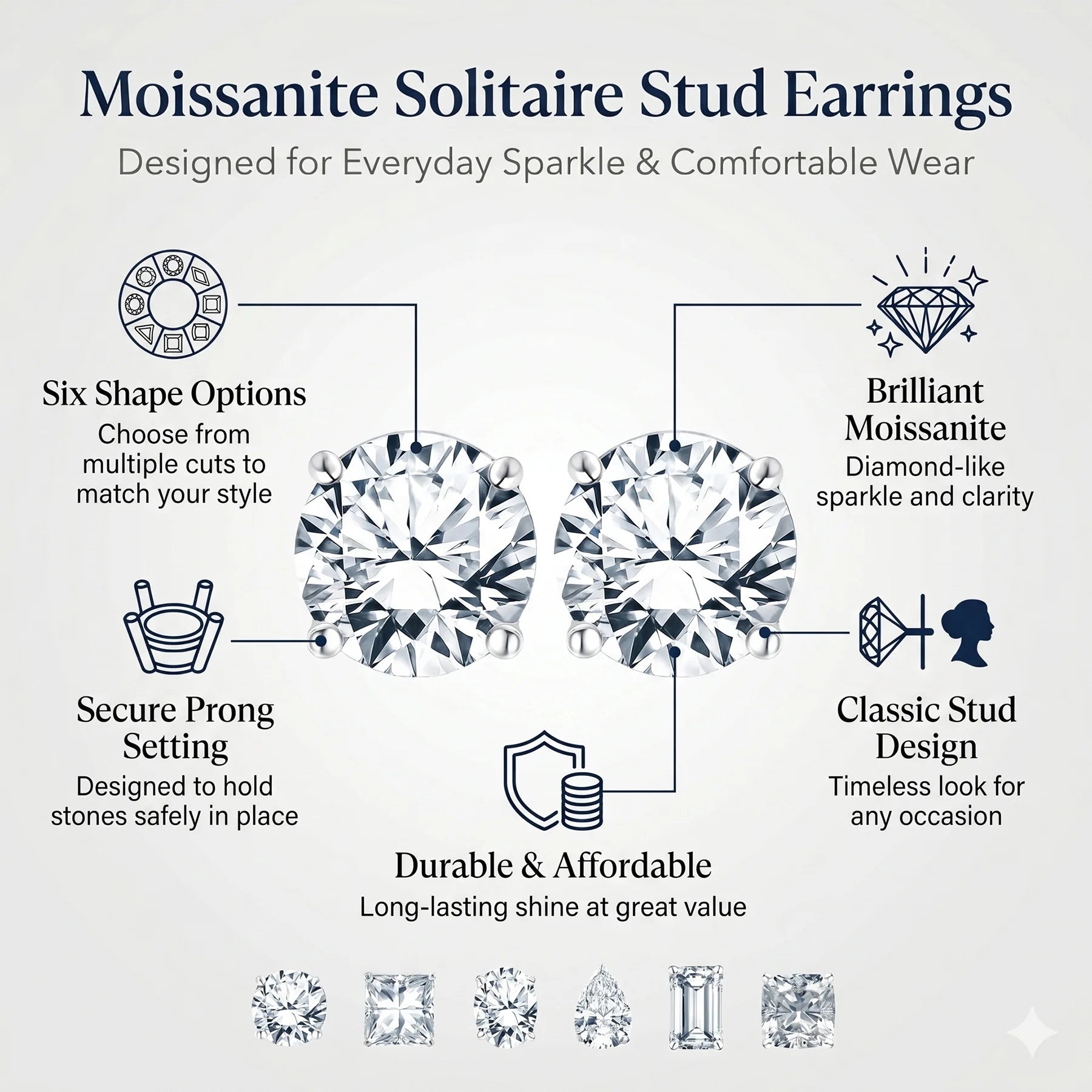 4 Prong 2 Carat round Shaped Moissanite Solitaire Stud Earrings in 18K White Gold Plating for Women